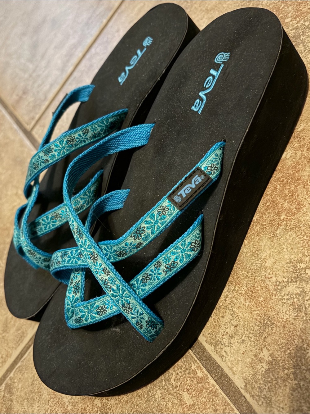 Teva Blue Patterned Strappy Platform Sandals